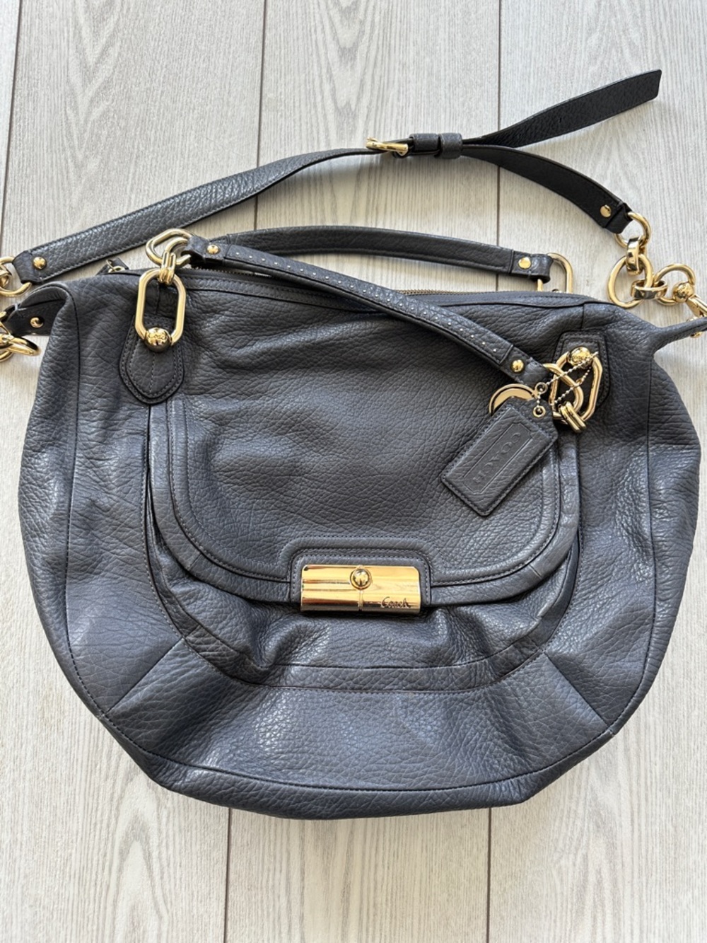Coach Blue Gray Pebble Leather Shoulder Bag with Gold Hardware